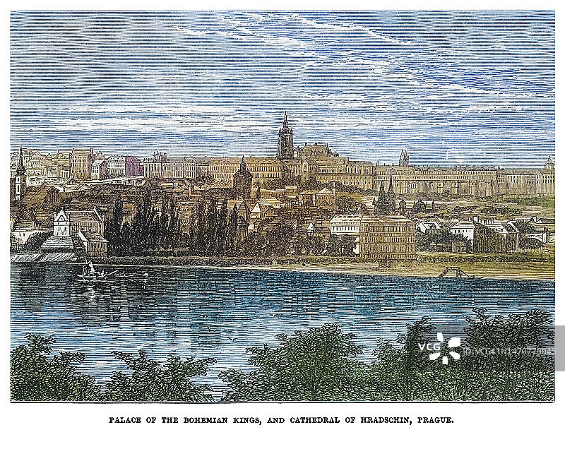布拉格城堡和皇家宫殿古老插图图片素材