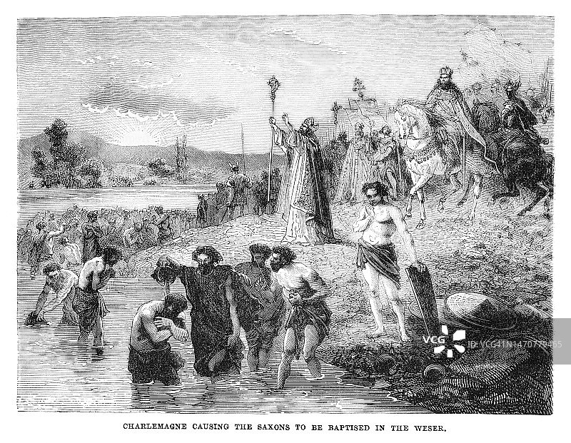 查理曼大帝在威悉河为撒克逊人施洗古董插图图片素材