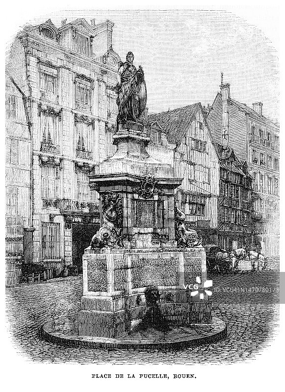 法国鲁昂市公共道路上的普赛尔广场古老雕刻插图图片素材