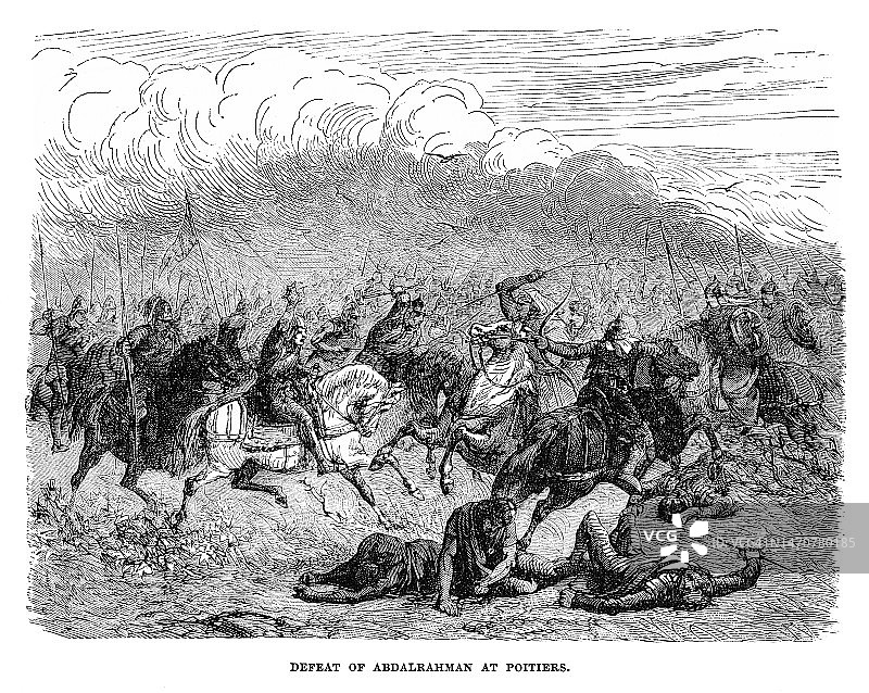 普瓦捷战役（1356年9月19日）的古老雕刻插图图片素材