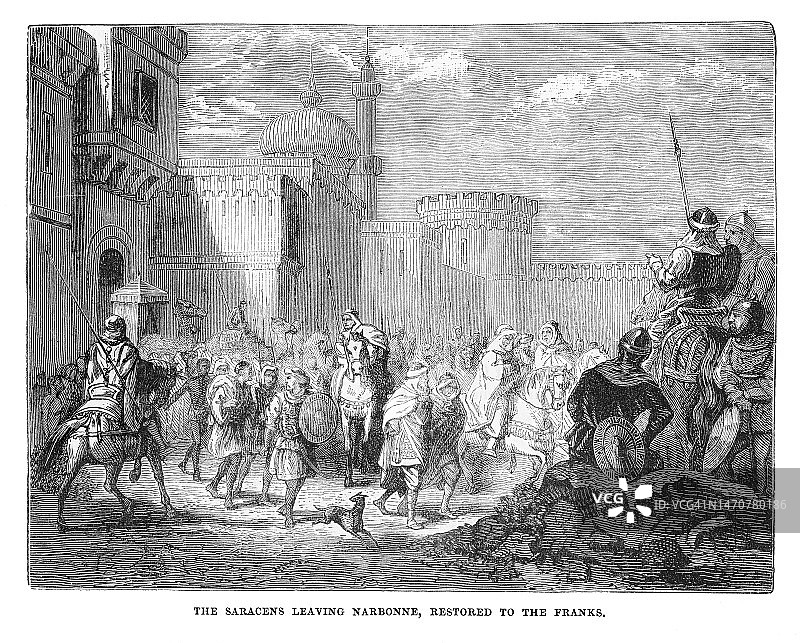 萨拉森人离开法国纳博讷的古老雕刻插图图片素材