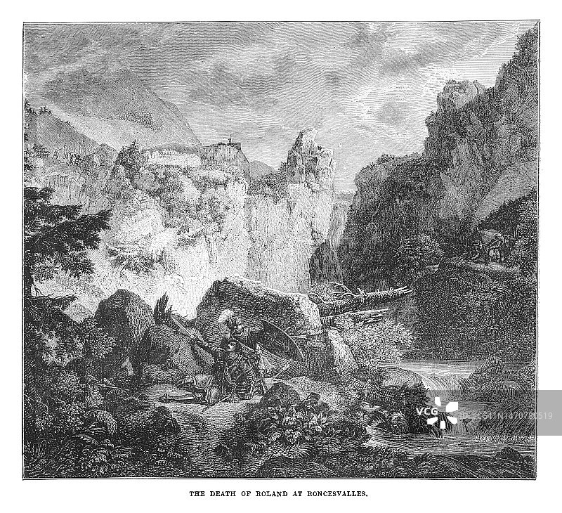 罗兰在龙塞斯瓦列斯之死的老式雕刻插图图片素材