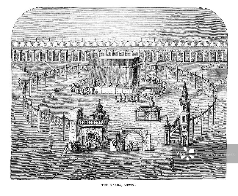 麦加黑石（伊斯兰教，穆斯林在朝觐期间参观位于清真寺天房内的黑石）古版画图片素材