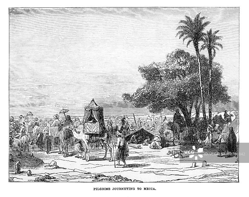前往沙特阿拉伯麦加朝圣的朝圣者古老雕刻插图，麦加是穆斯林最神圣的城市图片素材
