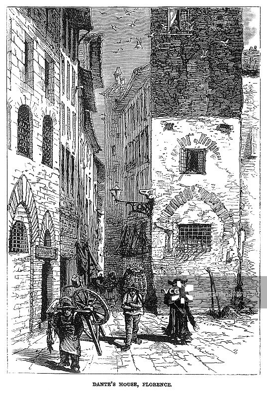 意大利佛罗伦萨但丁·阿利吉耶里故居的古老雕刻插图图片素材