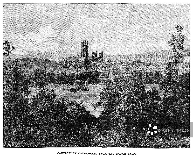 英格兰坎特伯雷大教堂雕刻插图（世界遗产）图片素材