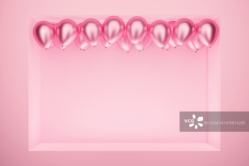 光滑粉色气球，美丽的3D问候背景全景banner，具有复制空间和文本设计的位置图片素材