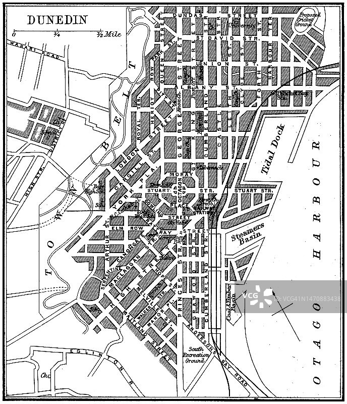 新西兰但尼丁老旧彩色石版地图图片素材