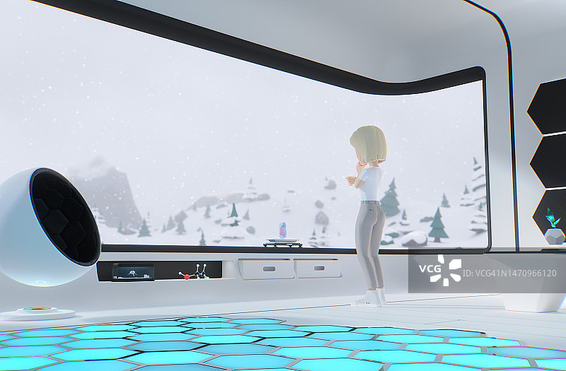 在元宇宙中眺望冬季风景的女人图片素材