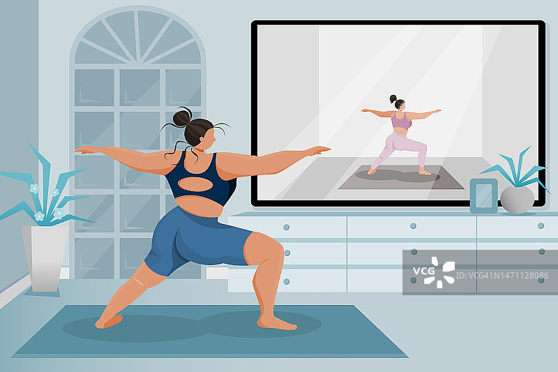 医疗保健插画概念，展示了一位健康的女人在家中通过电视跟随教练做瑜伽，以此展示大城市中的健康生活方式图片素材