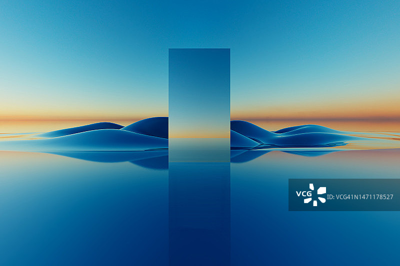 5G CGI景观日落玻璃镜面正方形巨石图片素材