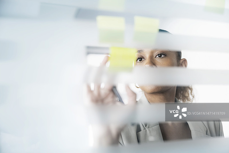 女商人写在贴在玻璃墙上的便签上图片素材