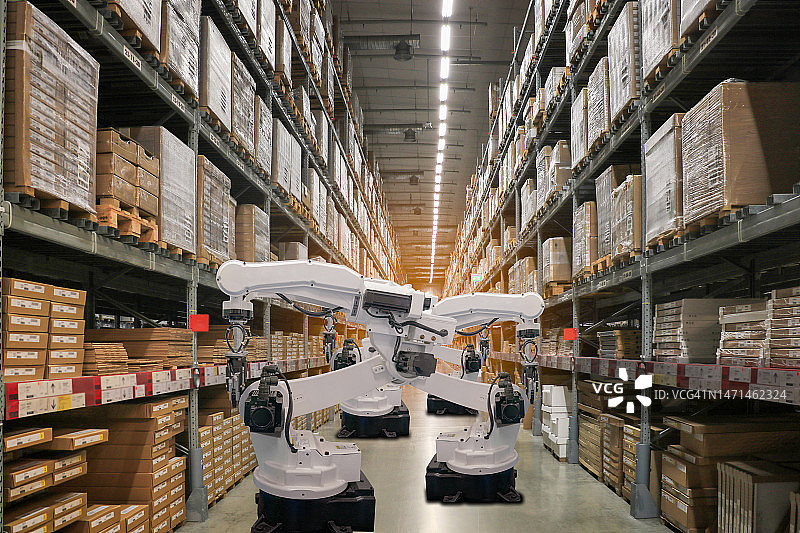 智能零售概念：自主机器人服务于商店的货架，采用人工智能、5G、数字孪生、量子计算机、机器学习和区块链技术图片素材