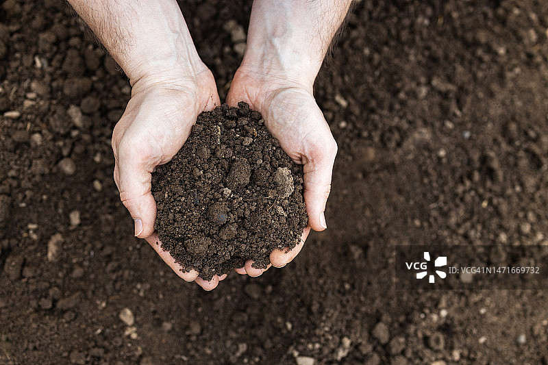 男人手持湿润肥沃土壤的特写镜头，有机农业的概念图片素材