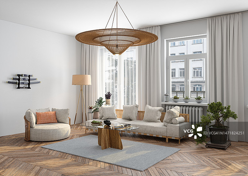 日式客厅室内设计，配有沙发、扶手椅、咖啡桌和室内植物图片素材