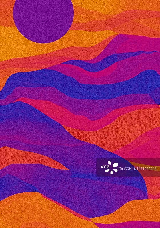 具有几何波浪山脉和日落的现代抽象景观艺术背景，充满活力的彩色数字插图图片素材