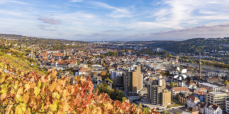 德国巴登-符腾堡州，埃斯林根，秋季小镇全景，前景为葡萄园图片素材