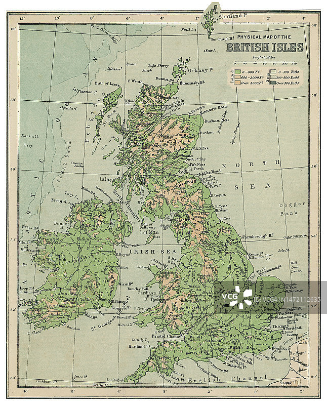 不列颠群岛地形复古彩色石印地图图片素材
