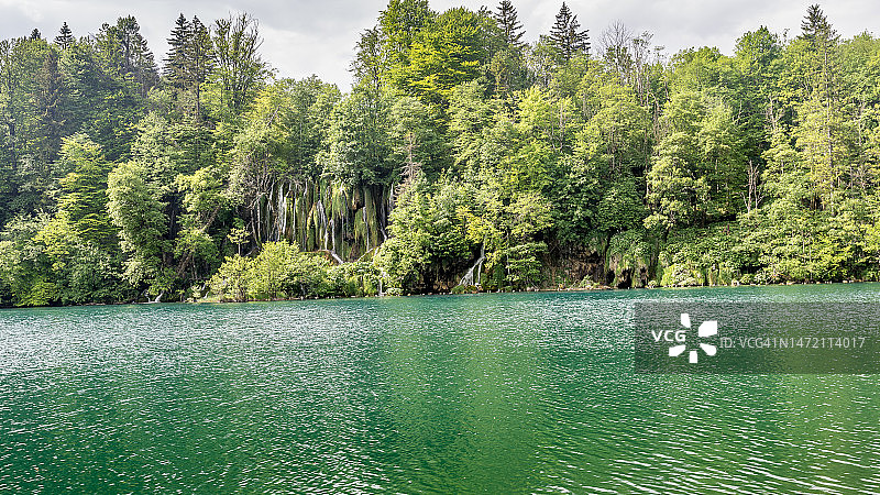 美丽的森林和瀑布景色，春季的碧绿水色，克罗地亚普利特维采湖群国家公园图片素材