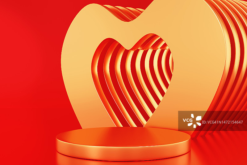 亮红色背景上的金色平台和多层心形图案，3D产品展示位图片素材