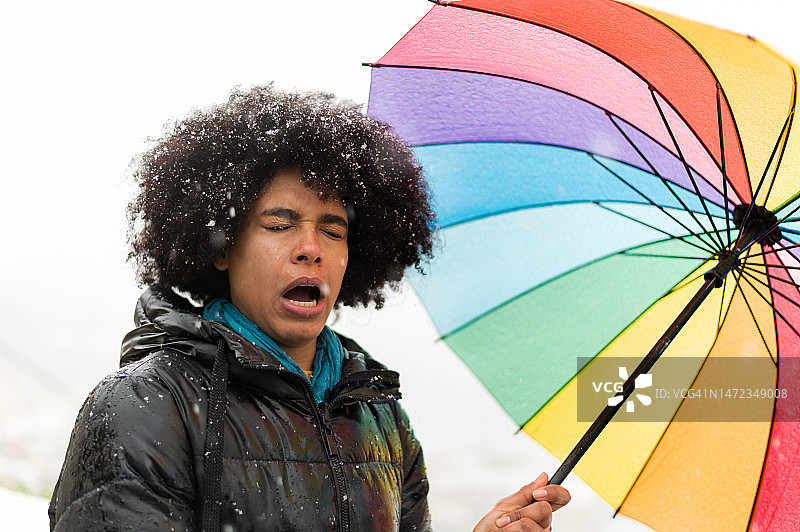 雪中撑彩色伞的冷峻表情黑人女人肖像图片素材