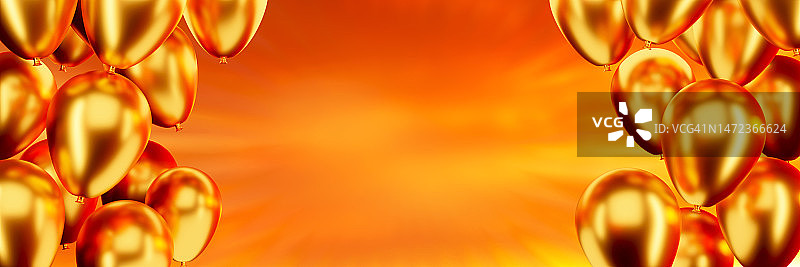 黄色、橙色天空背景上的金色光面气球。精美3D问候banner。可添加文字图片素材