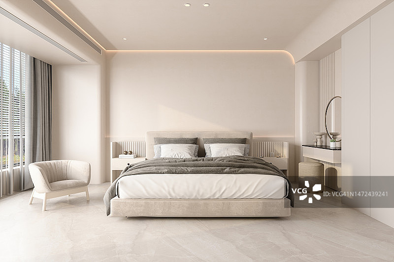 配有双人床、扶手椅和床头柜的现代卧室内饰图片素材