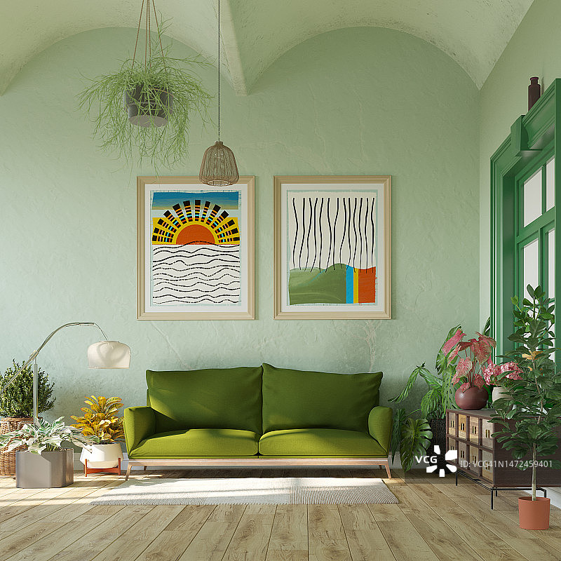 时尚客厅：绿色沙发和海报图片素材