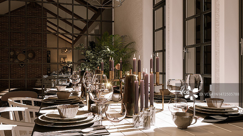 带蜡烛的豪华餐桌装饰。农舍室内设计。3D渲染图片素材
