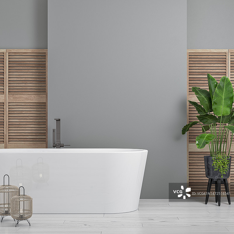 舒适的复古时尚室内设计，配有装饰艺术风格浴室、浴缸和盆栽植物，50-60年代风格装饰图片素材