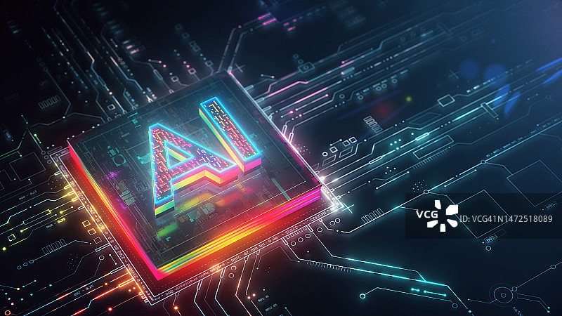 电路板上的AI处理器以及从中心发出的发光数据传输图片素材