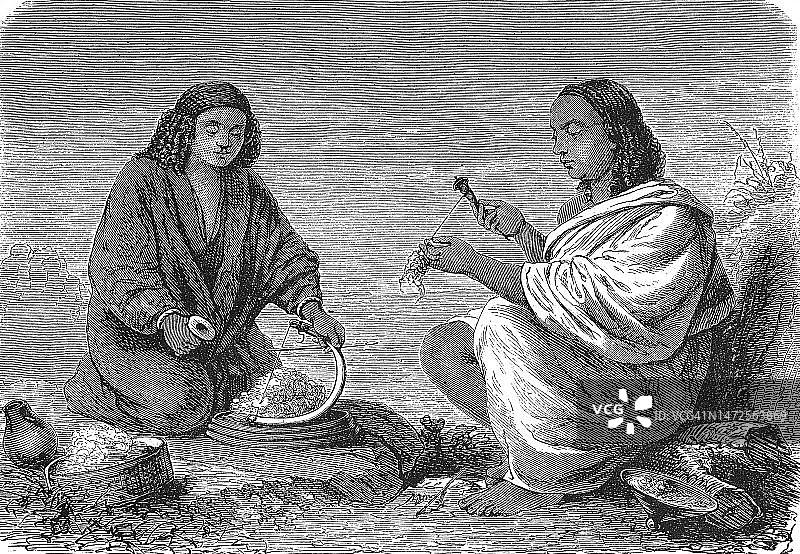 阿比西尼亚：来自加拉和贡德尔的妇女在纺羊毛，1869年，埃塞俄比亚，历史资料，19世纪原版数字修复复制品，确切的原始日期未知图片素材