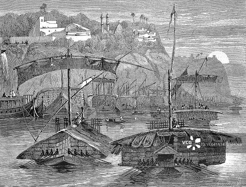 货船在恒河上运送棉花（1869年，印度）图片素材