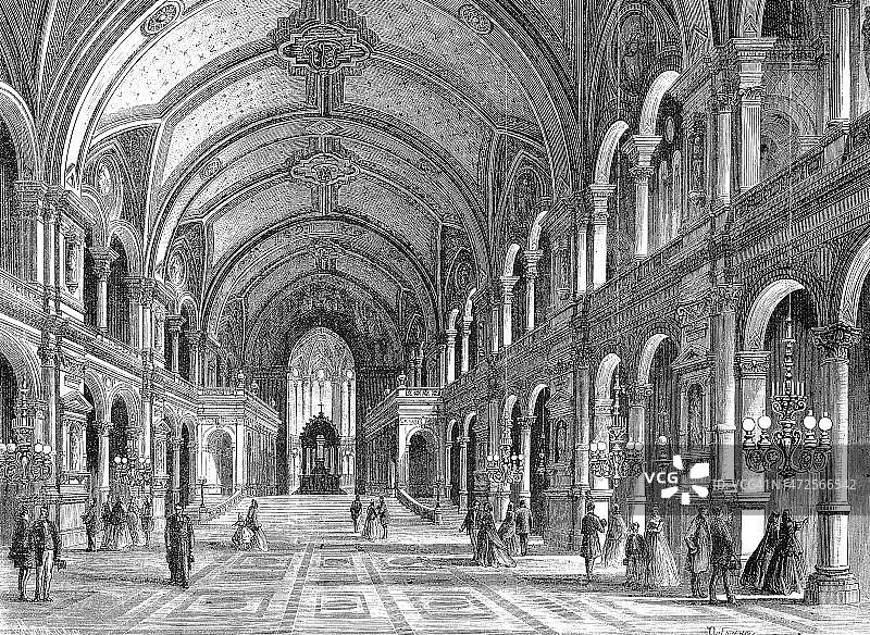 巴黎第九区圣三一教堂的中殿，1865年，法国，历史照片，十九世纪绘画的数字修复复制品，确切的原始日期未知图片素材