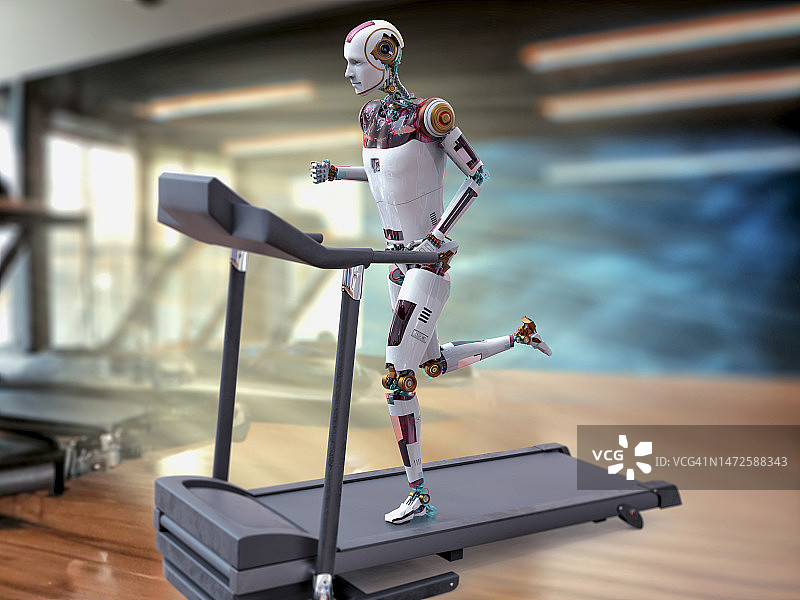 在跑步机上奔跑的类人机器人插图图片素材
