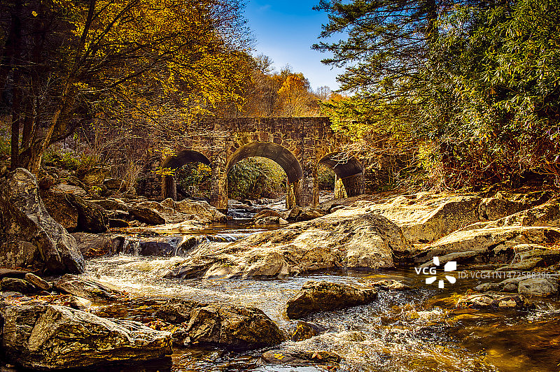 秋日清晨的三拱桥，皮斯加国家森林，美国北卡罗来纳州图片素材