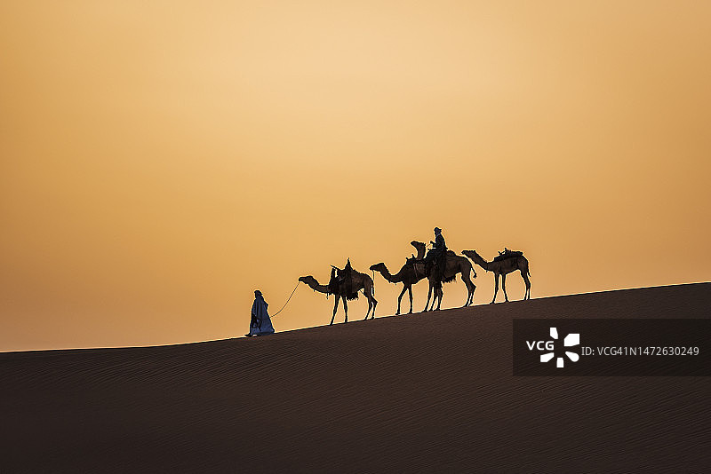 日落时分，阿尔及利亚塔曼拉塞特沙漠中骑骆驼的人们剪影图片素材