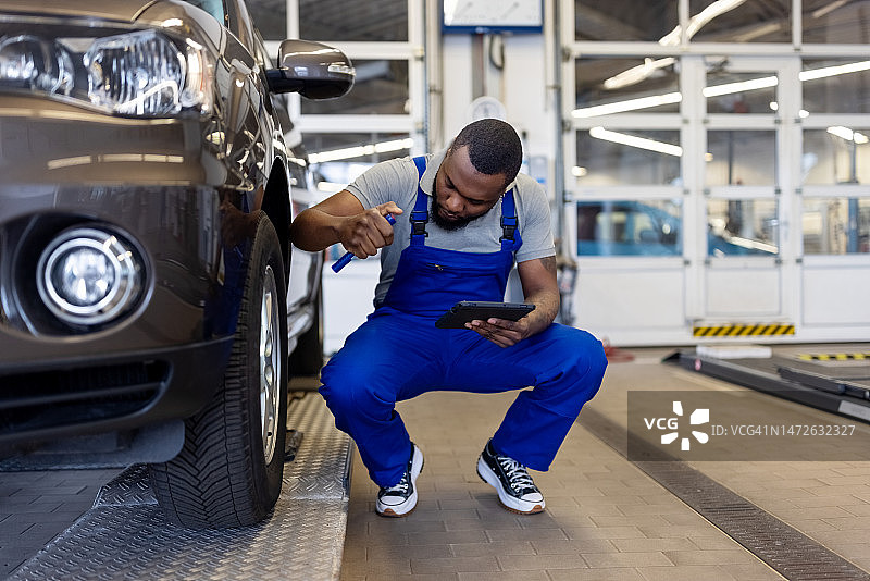 汽车机械师在服务站用手电筒检查汽车轮胎图片素材