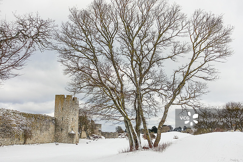 冬季小路和公园环绕的维斯比环墙东部图片素材