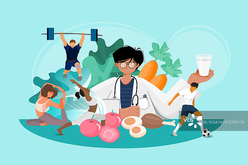 医疗保健概念图：医生建议通过定期锻炼和健康饮食来保持健康图片素材