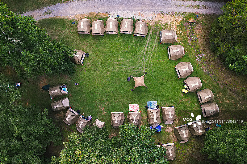 从上方看森林中的露营帐篷图片素材