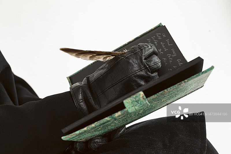 中世纪瘟疫医生肖像：身着精致服装，坐着在书中用羽毛笔做笔记，白色背景隔离，关于流行病和大流行病图片素材