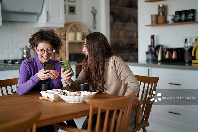 两个女人坐在厨房的桌子旁一起看手机图片素材