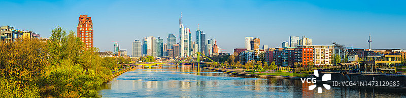 德国法兰克福：跨越美因河的银行摩天大楼全景图片素材