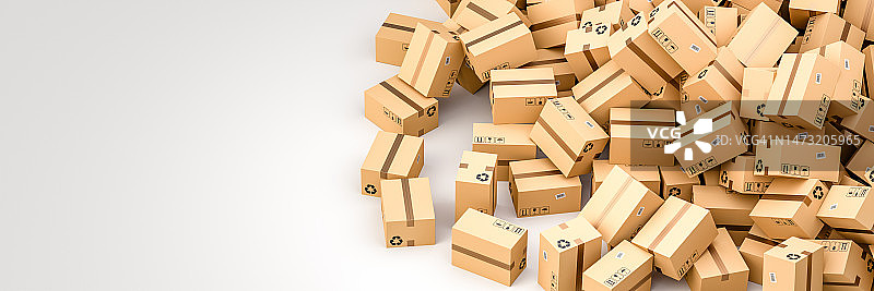 白色背景下的纸板箱，左侧有空白区域，物流和交付概念图片素材