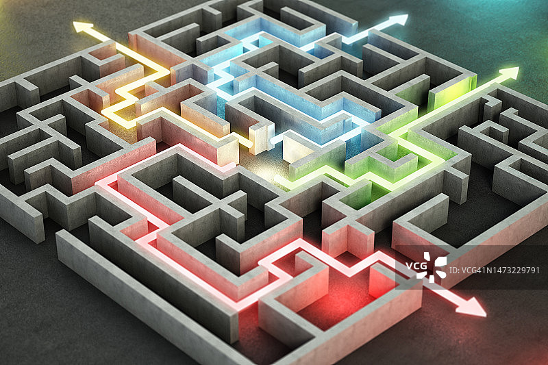 显示复杂迷宫不同出路的四条不同颜色发光线条和箭头图片素材