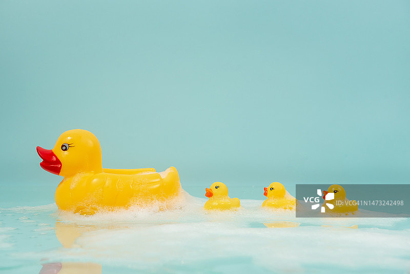 巴厘岛湖中游泳的橡皮鸭特写图片素材