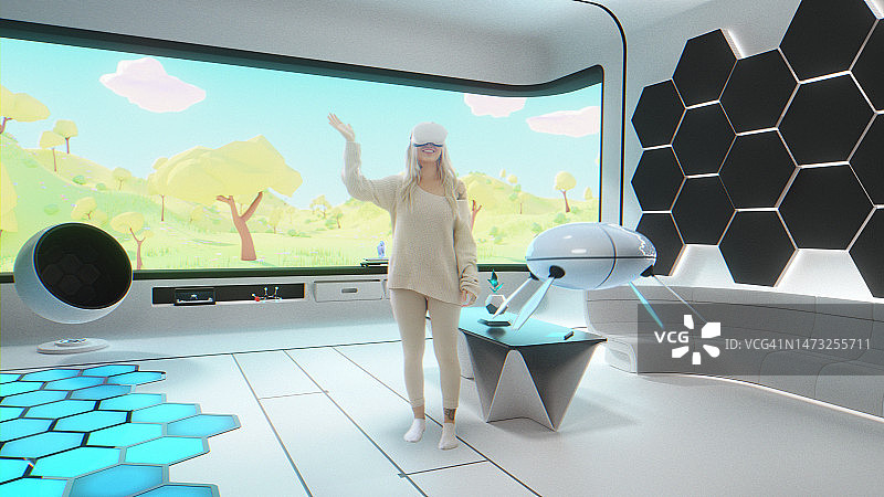 站在虚拟现实模拟器中的元宇宙女人图片素材
