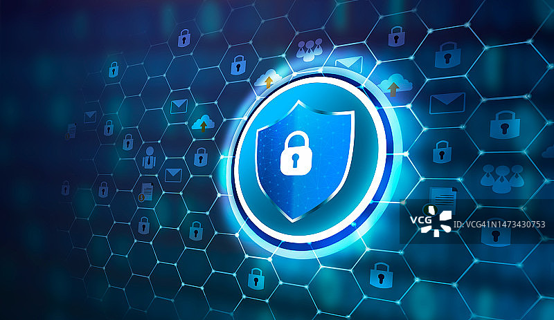 蓝色背景上的盾牌内有钥匙网络安全概念图片素材
