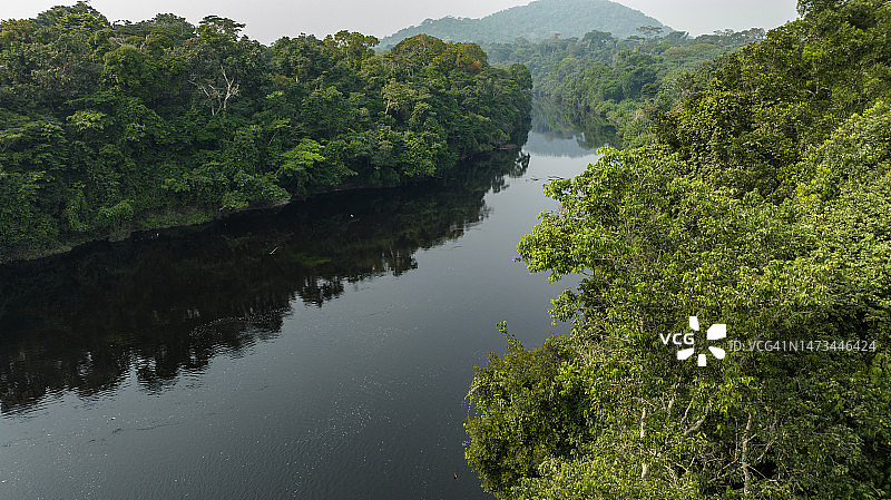 热带雨林河流航拍：气候变化与森林砍伐图片素材